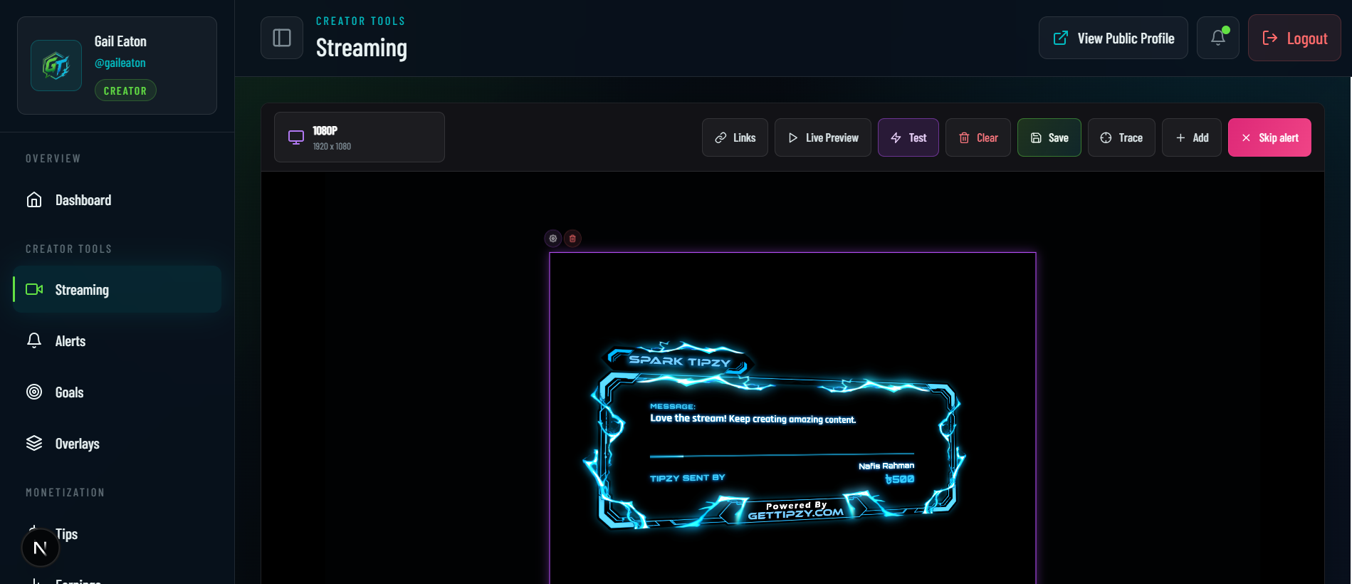 GetTipzy creator streaming dashboard with a live Spark Tipzy alert preview